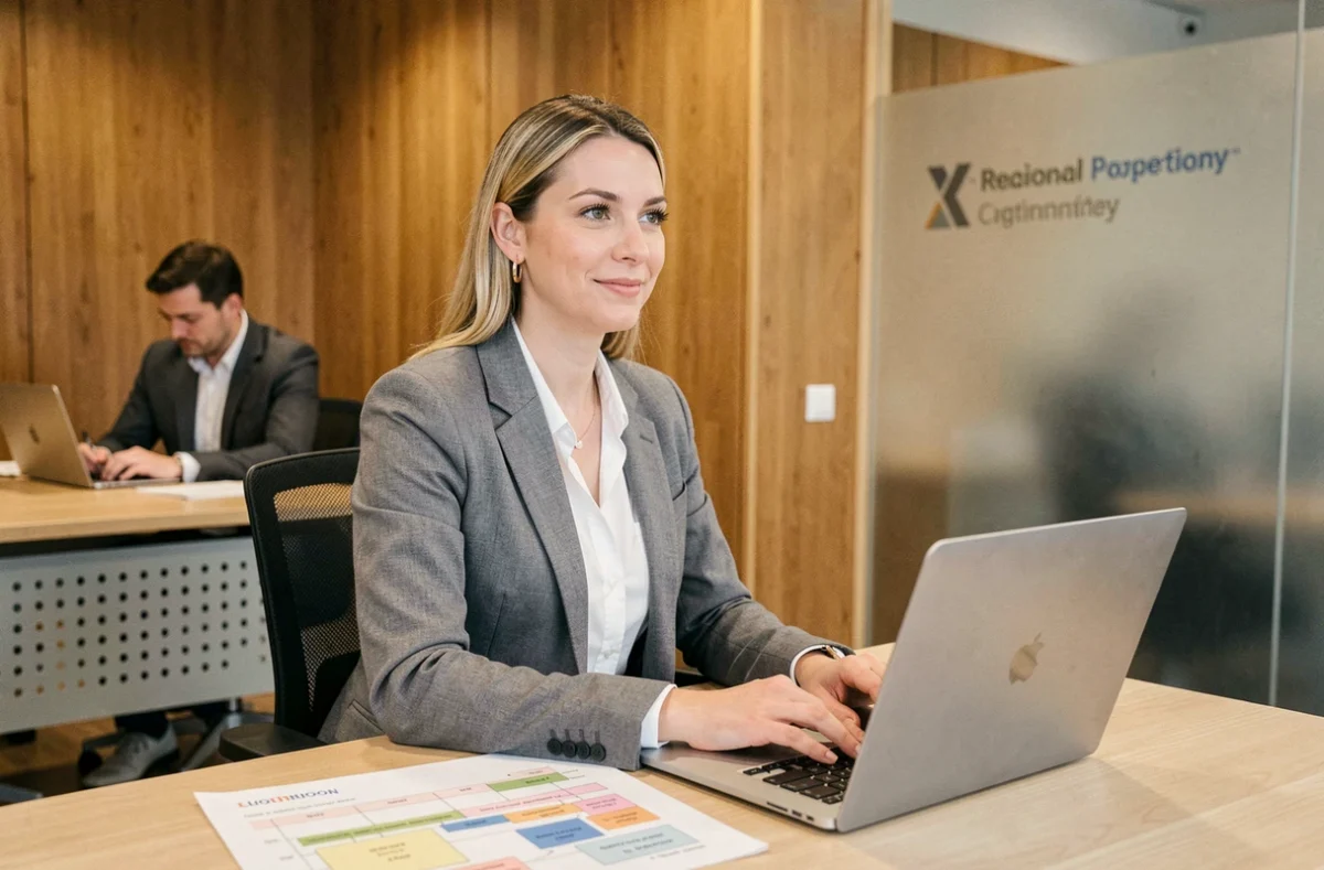 Cheffe de projet IT féminine à son bureau avec une feuille de route imprimée dans les locaux à taille humaine d'A5sys, entreprise de proximité entre Rennes et Nantes.