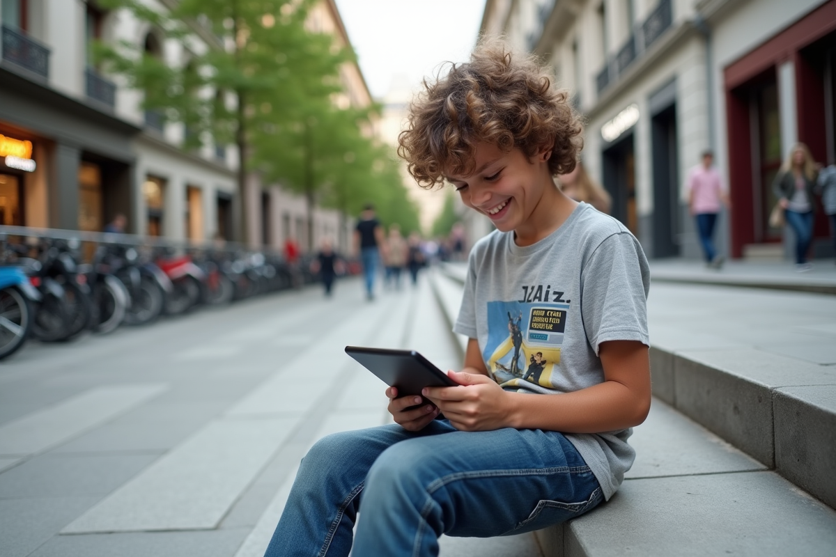 Adolescent assis dehors sur des marches en ville avec sa tablette