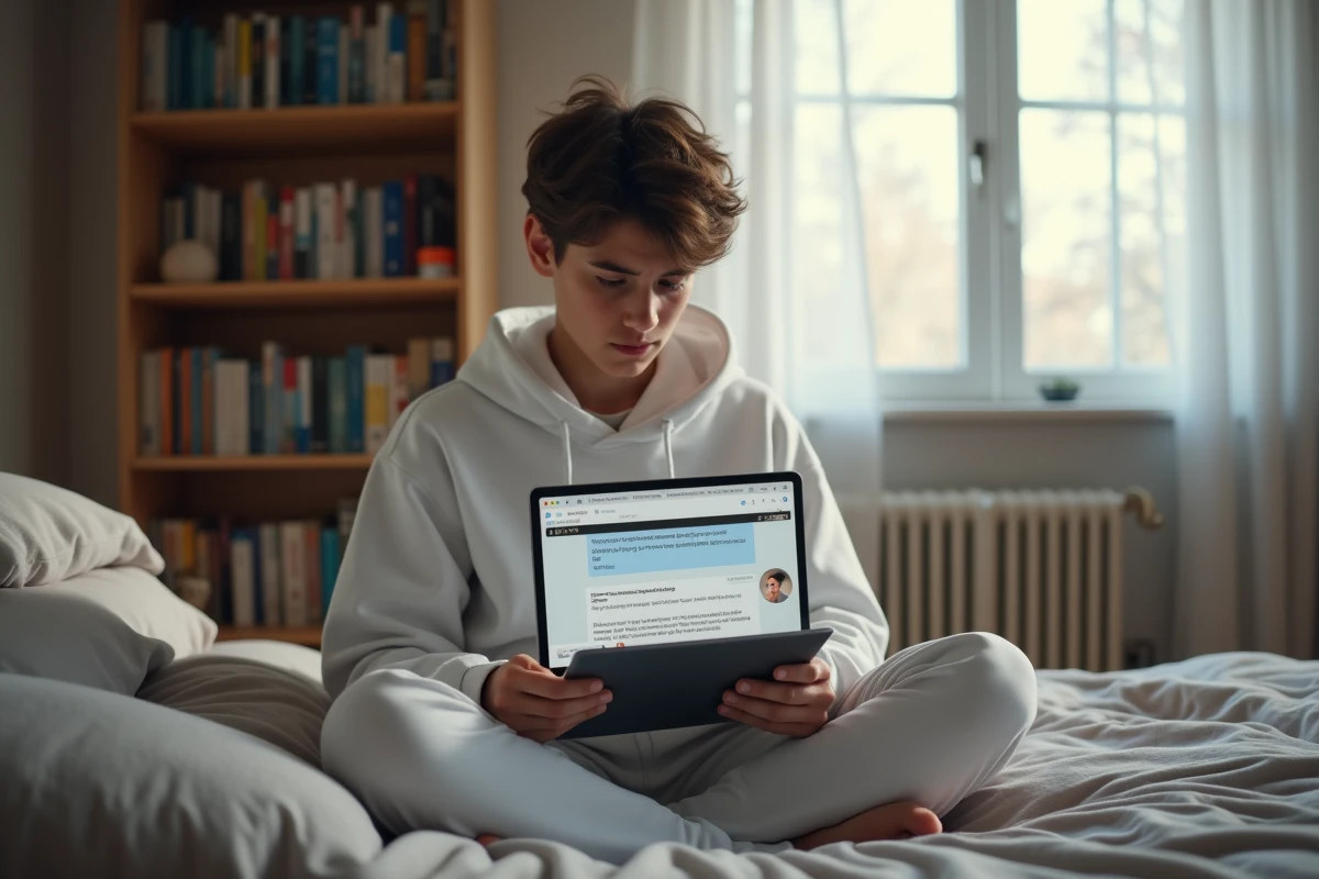 Adolescent dans sa chambre consultant l'assistance Microsoft sur tablette suite à la suppression d'un compte Windows
