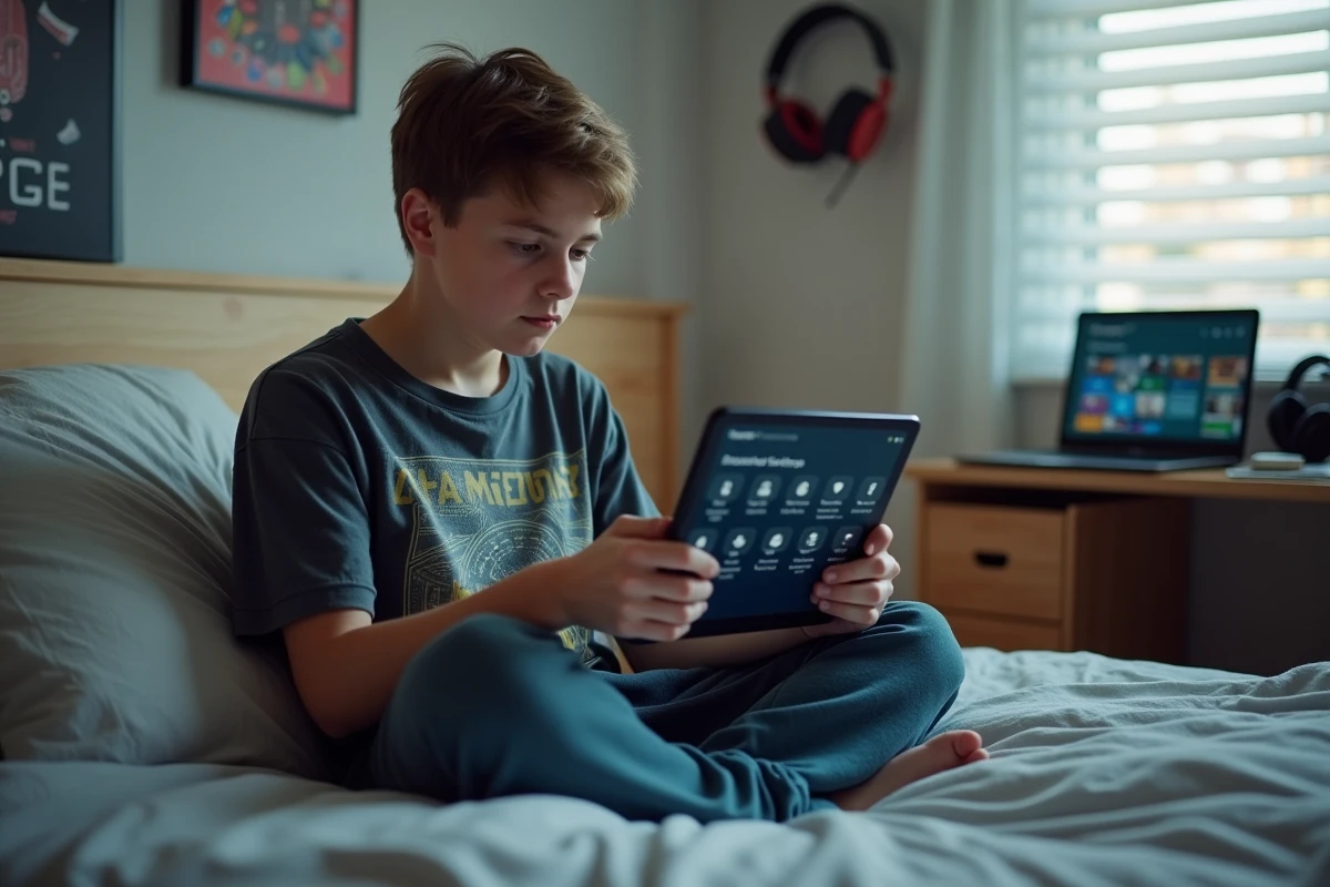 Adolescent vérifiant les options de partage familial d'un compte Games Prime sur tablette dans sa chambre