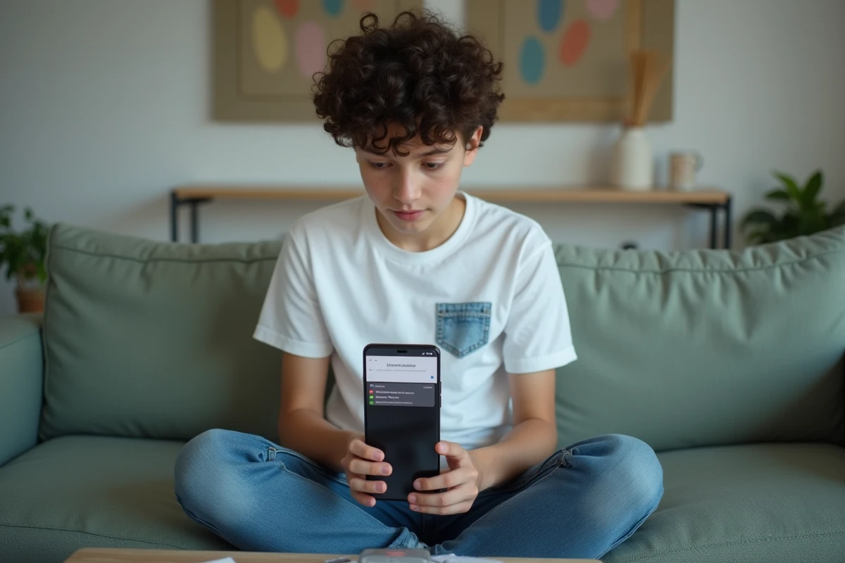 Adolescent déballant et configurant un nouveau téléphone Android dans un salon moderne