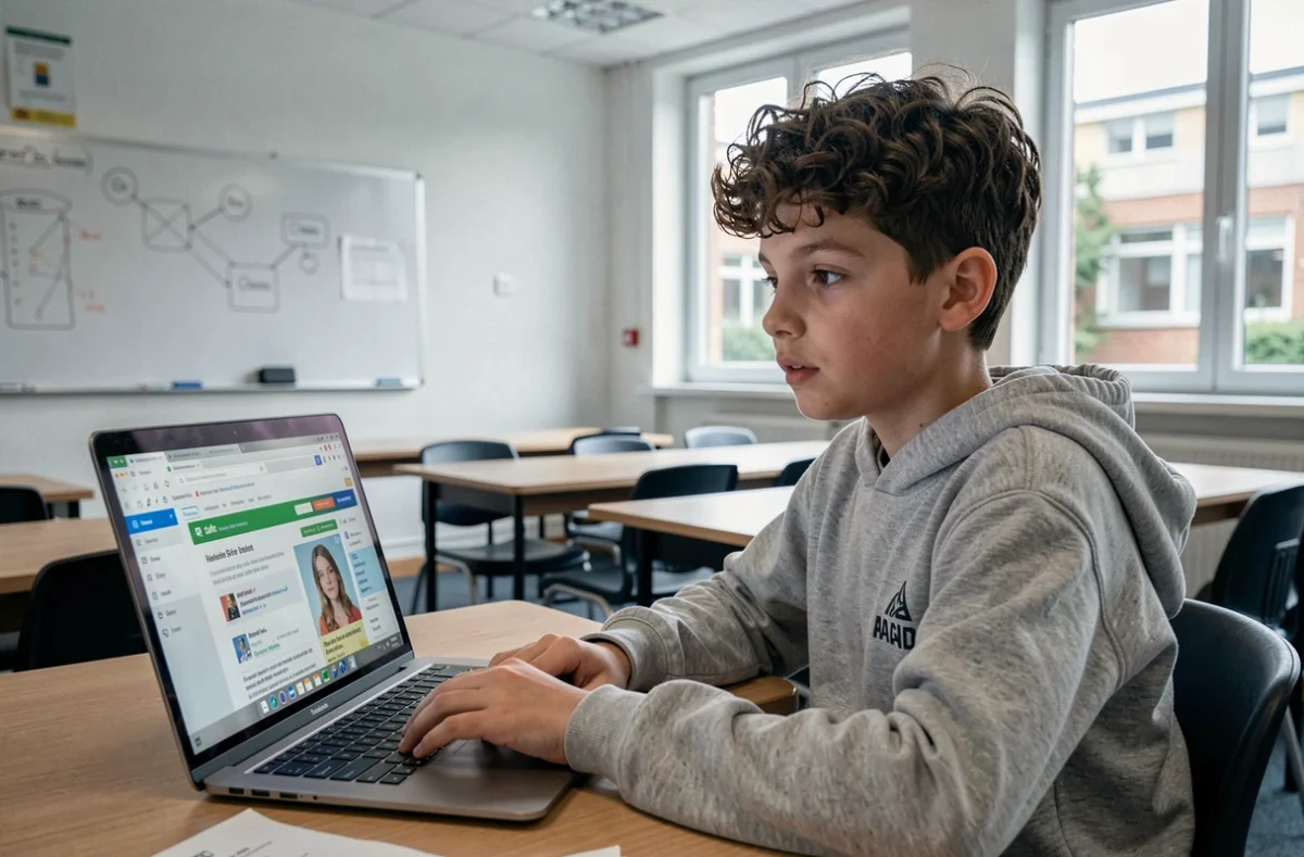 Adolescent de 14 ans utilisant un navigateur éducatif sécurisé sur un ordinateur portable en classe