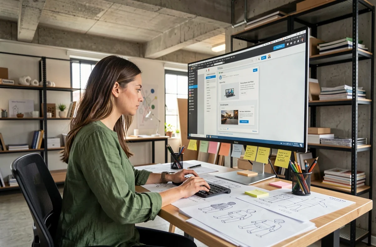Designer de l'agence Amphibee travaillant sur l'interface d'un site WordPress dans un studio créatif