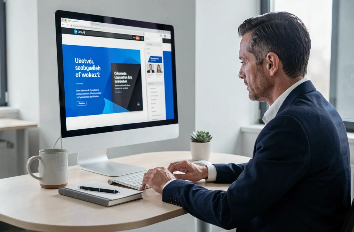 Professionnel de l'agence Bleu Ebène travaillant sur une identité de marque aux couleurs bleu et ébène dans un bureau épuré