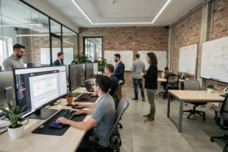 Bureau moderne d'une agence de développement web dans le Val-de-Marne avec des professionnels travaillant sur des interfaces numériques