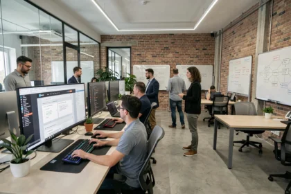 Bureau moderne d'une agence de développement web dans le Val-de-Marne avec des professionnels travaillant sur des interfaces numériques