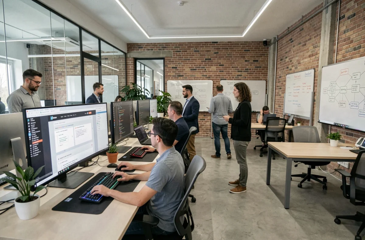 Bureau moderne d'une agence de développement web dans le Val-de-Marne avec des professionnels travaillant sur des interfaces numériques