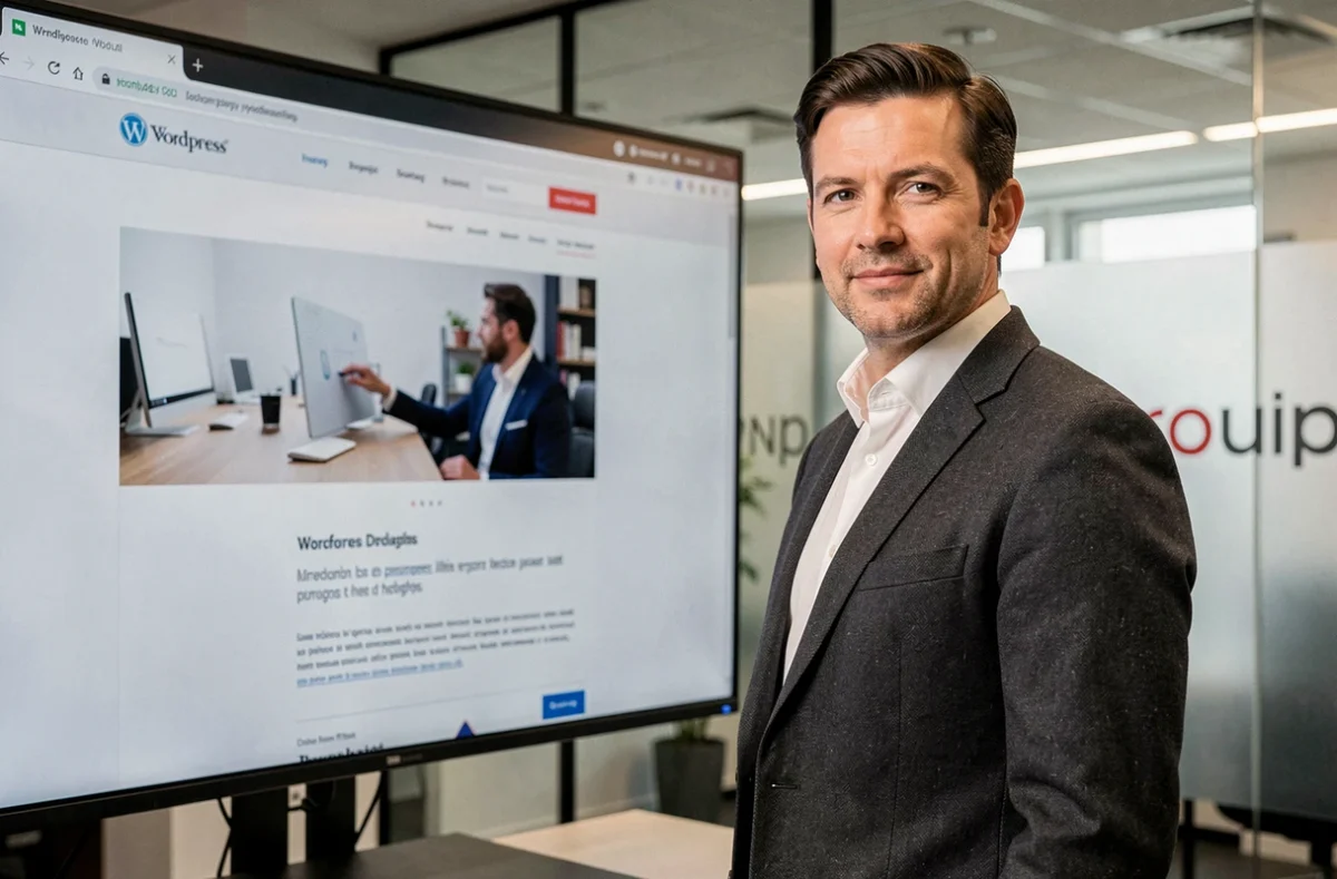 Directeur créatif de JEZT Agency présentant un projet de site WordPress dans les bureaux de l'agence