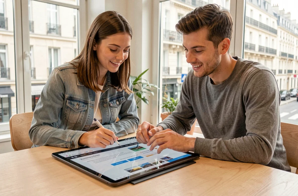 Équipe de l'agence Newp collaborant sur un projet de site WordPress autour d'une tablette
