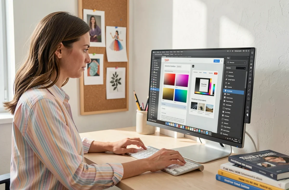 Graphiste de l'agence Pixeel révisant des maquettes de thème WordPress dans un studio de design