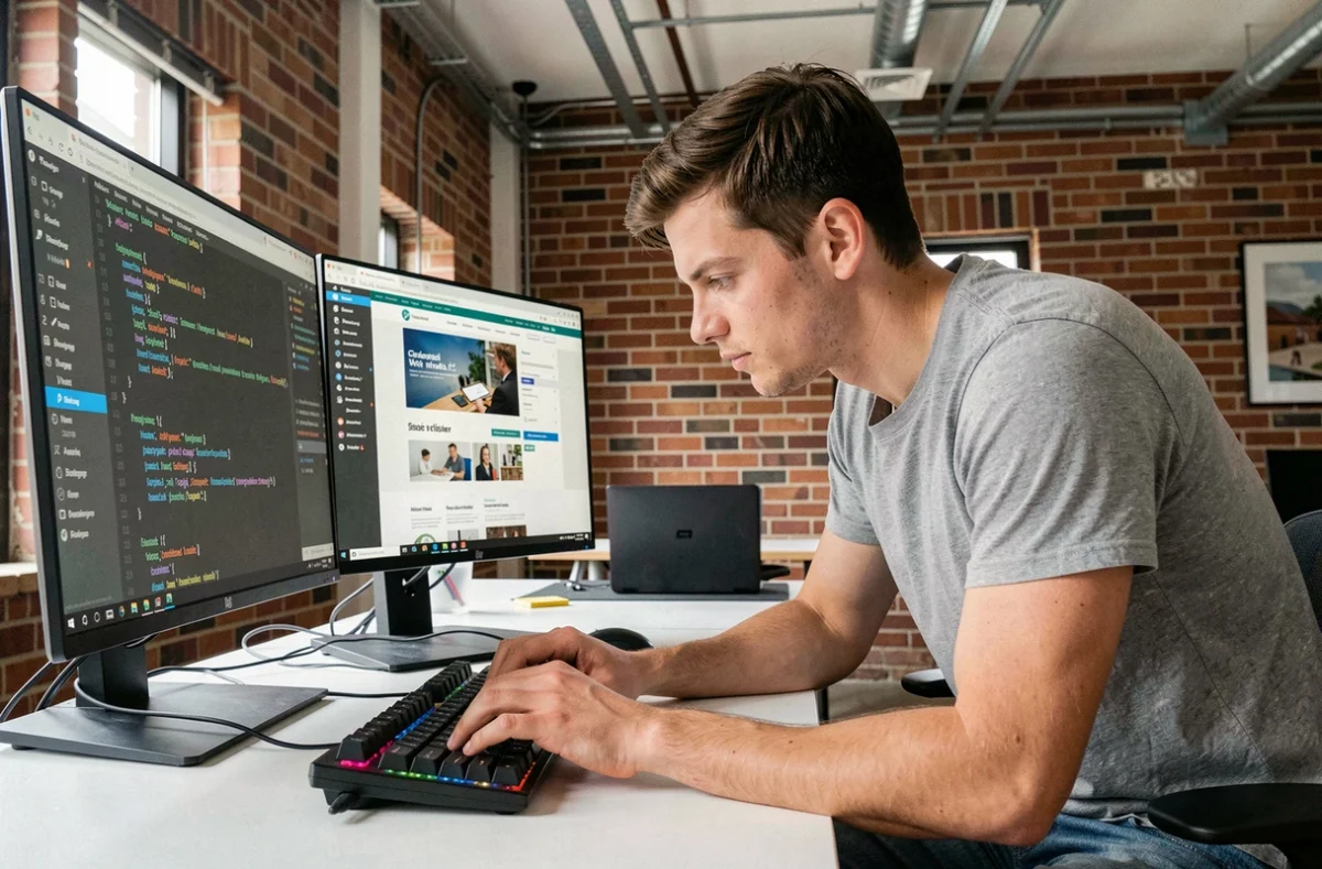 Développeur de l'agence Youdemus codant une extension WordPress dans un espace de travail moderne