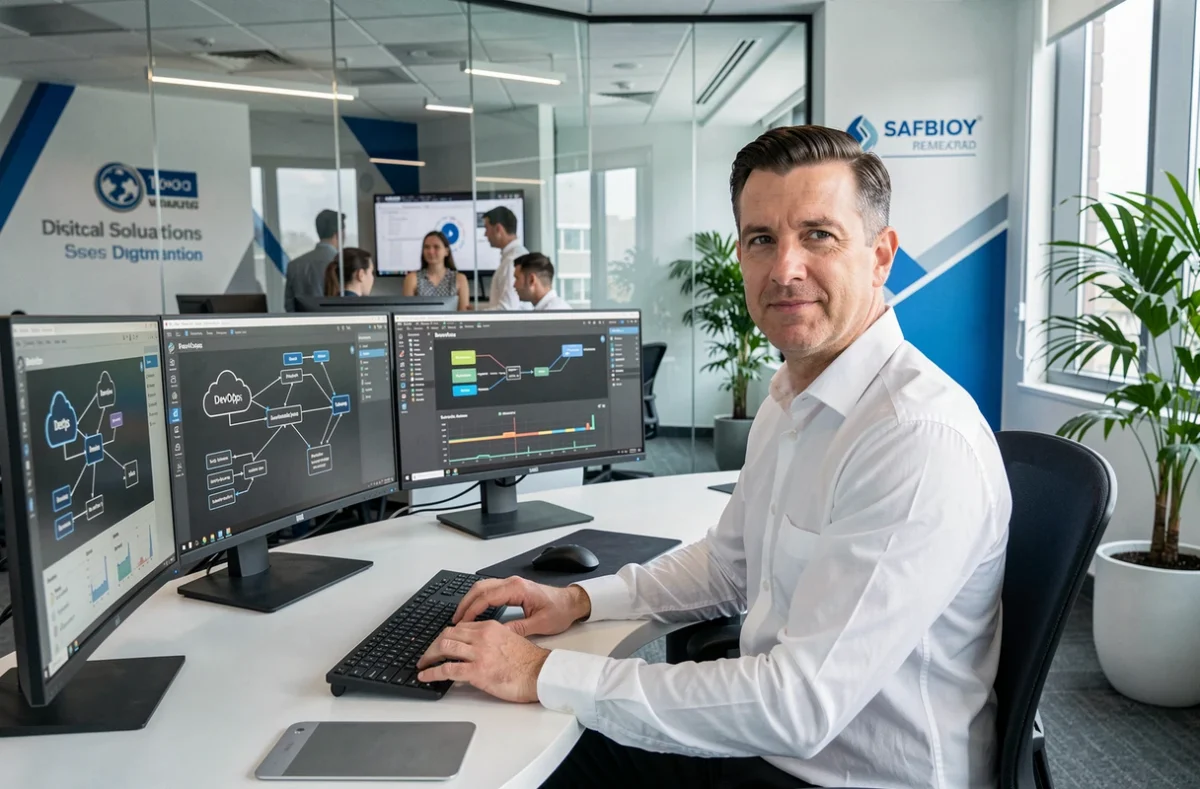 Ingénieur d'Akkodis Digital SAS travaillant sur des architectures cloud dans un bureau corporate high-tech