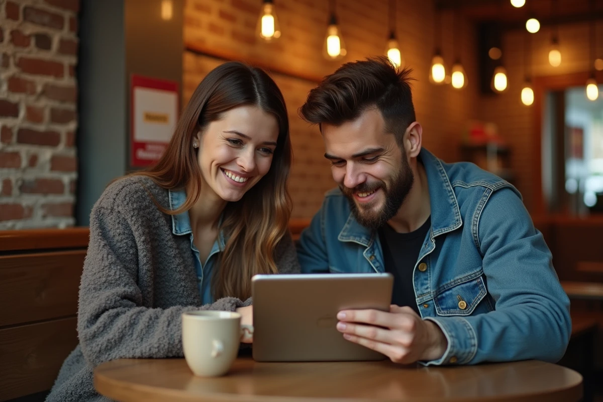 Deux amis discutant des dernières sorties Apple sur un iPad Air dans un café chaleureux