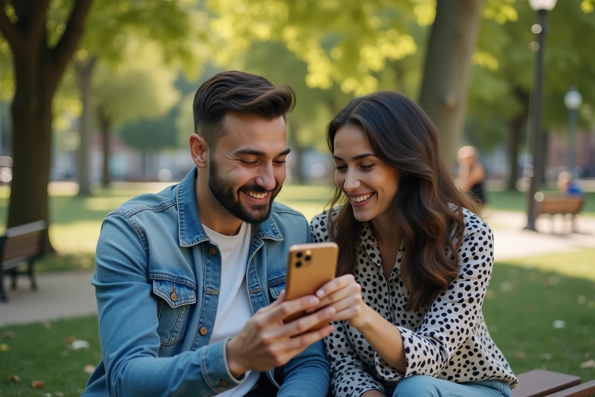 Deux amis comparant un iPhone 12 Pro reconditionné dans un parc urbain
