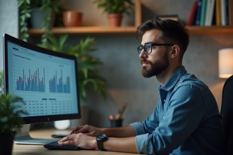 Jeune homme analysant des données SEO sur un écran