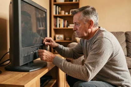 Homme examinant les ports HDMI d'un ancien téléviseur pour connecter la TV par Internet sans décodeur
