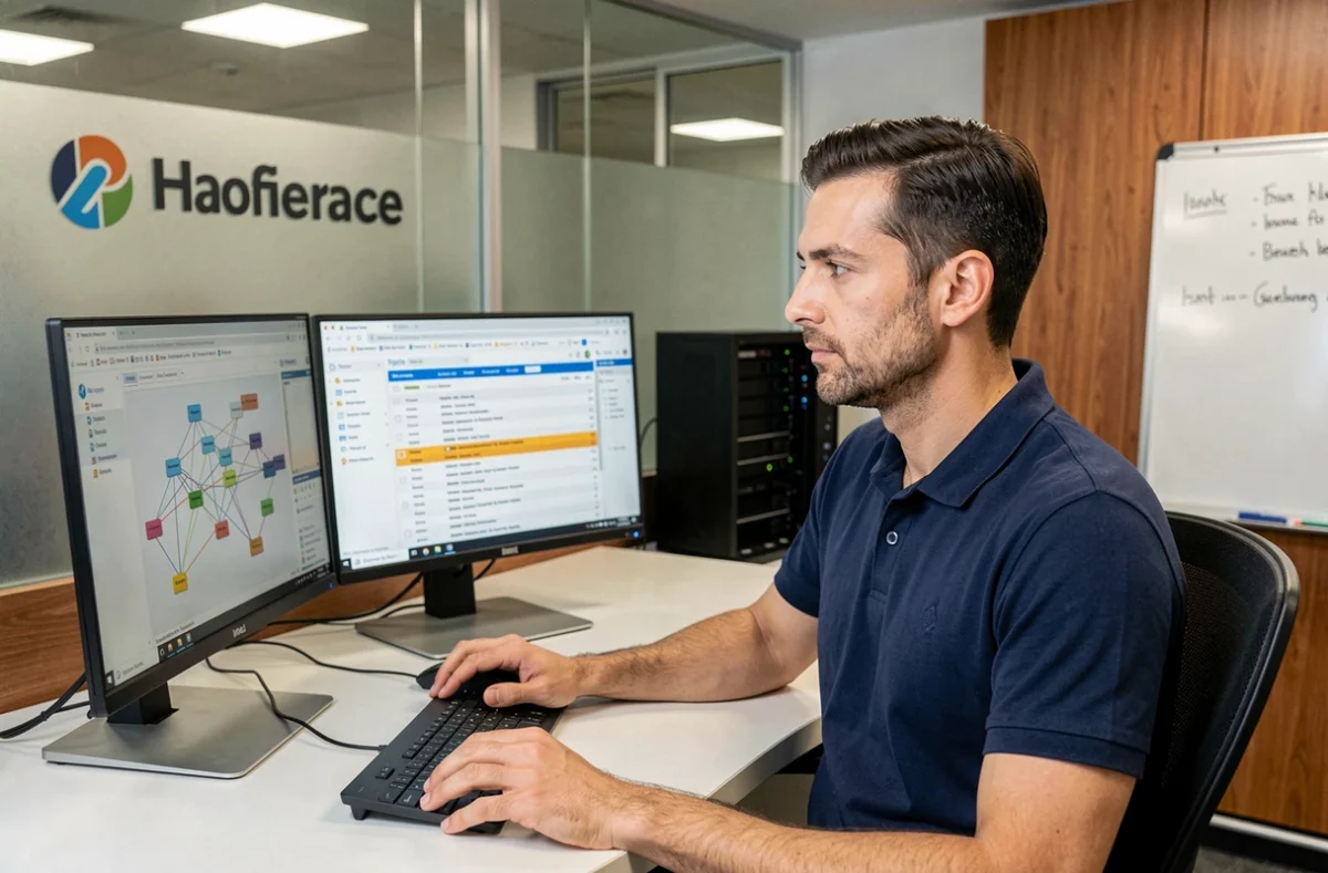 Consultant informatique d'APS Solutions Informatiques travaillant sur des schémas réseau dans un bureau professionnel