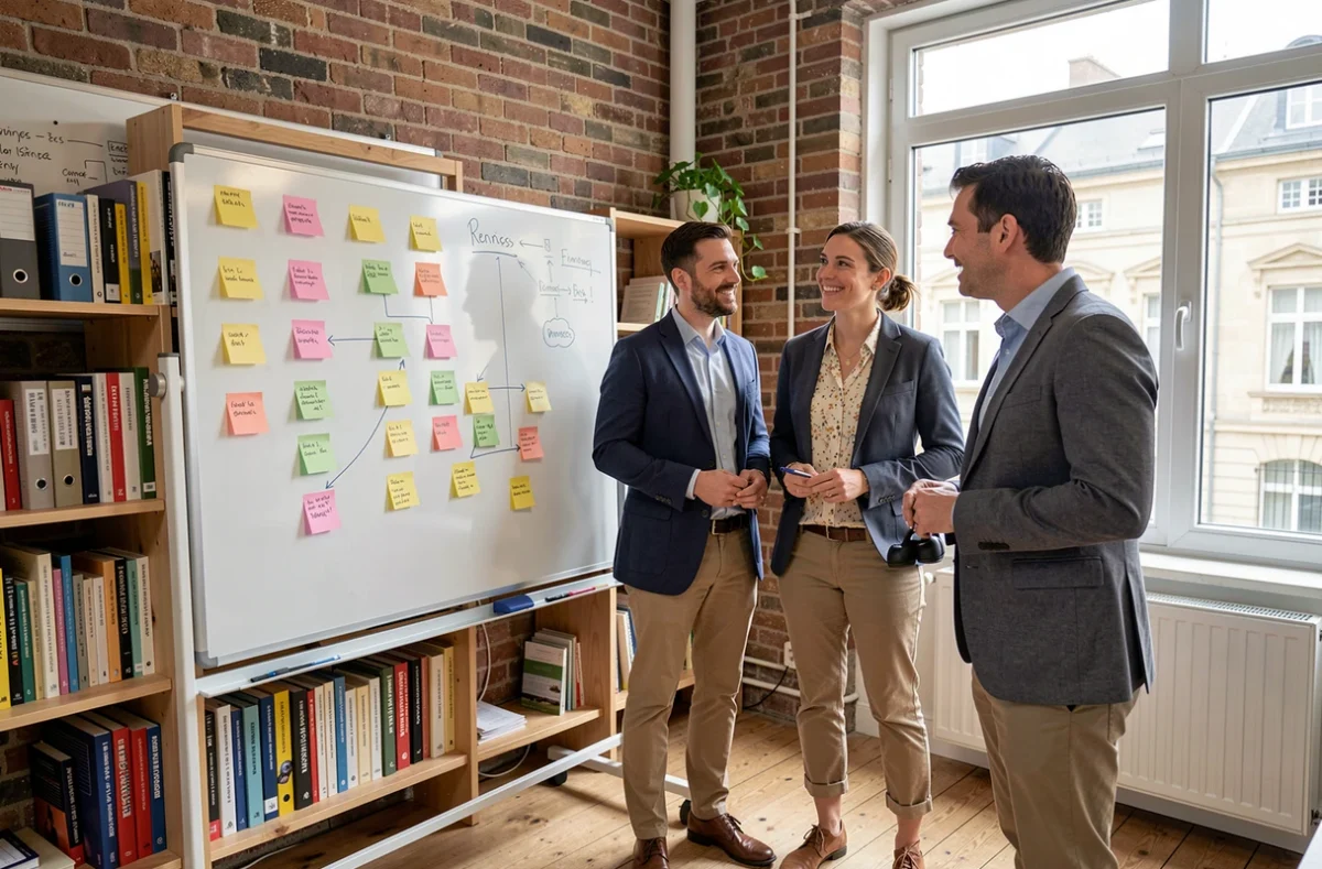Équipe pluridisciplinaire de consultants IT en réunion autour d'un tableau blanc dans les locaux d'Apside à Rennes, discutant de solutions multi-compétences.