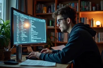 Jeune homme consultant des archives de forum jeuxvideo.com sur son ordinateur dans un bureau à domicile encombré