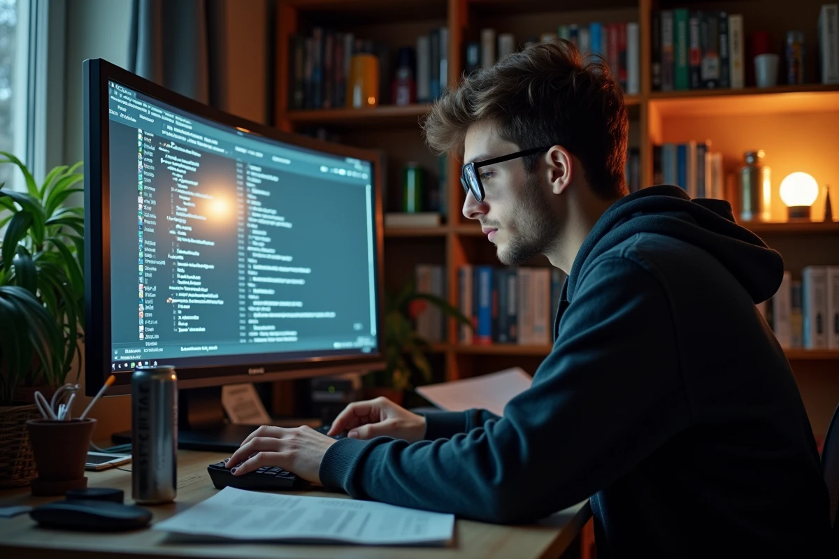 Jeune homme consultant des archives de forum jeuxvideo.com sur son ordinateur dans un bureau à domicile encombré