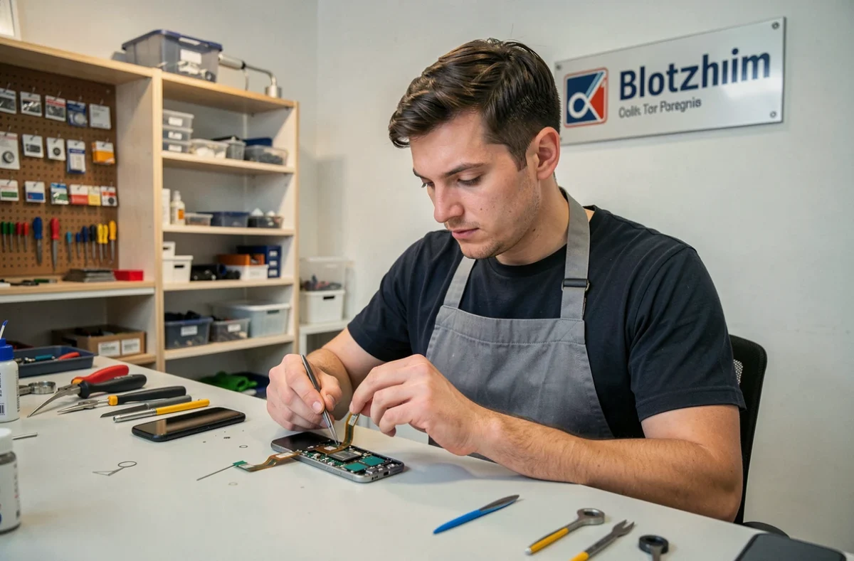 Technicien de l'Atelier du Smartphone à Blotzheim reconnectant un câble flexible à l'intérieur d'un téléphone ouvert