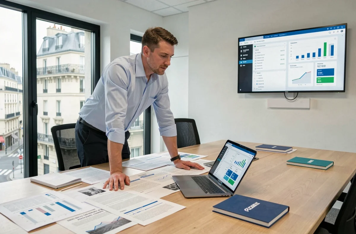 Analyste d'Audensiel Technologies présentant des tableaux de bord de données dans une salle de réunion moderne