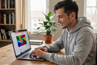 Homme utilisant Google Chrome sur un laptop pour effectuer le barrel roll sur un bureau à domicile