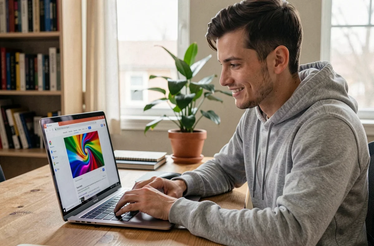 Homme utilisant Google Chrome sur un laptop pour effectuer le barrel roll sur un bureau à domicile