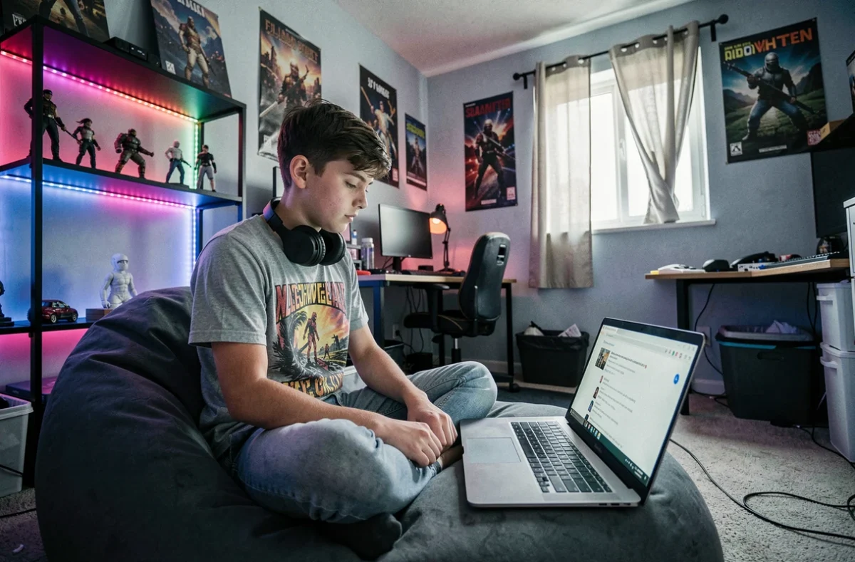 Adolescent testant le barrel roll sur Microsoft Edge dans une chambre gaming personnalisée