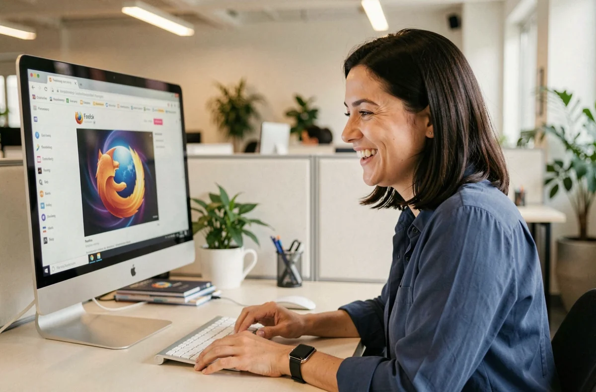 Femme découvrant l'easter egg barrel roll sur Firefox dans un bureau moderne en open space