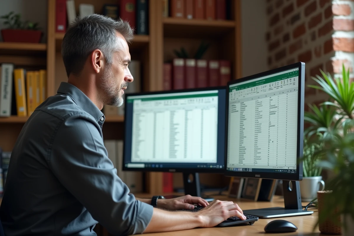 Homme travaillant sur un ordinateur de bureau avec un fichier Excel partagé affichant des cellules protégées et des paramètres de partage en ligne