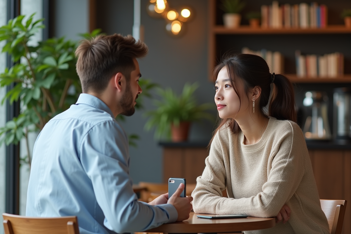Deux adultes en café discutant tranquillement