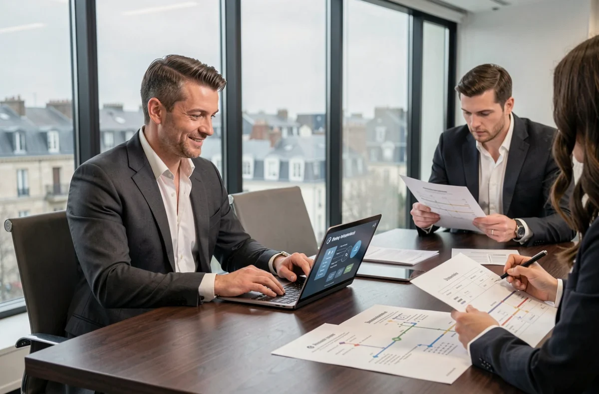 Consultant senior en transformation digitale masculin dans une salle de direction avec vue panoramique sur Rennes, examinant une stratégie numérique dans les bureaux de Capgemini.