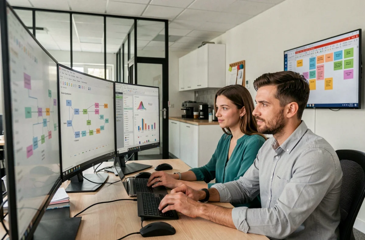 Deux ingénieurs data, homme et femme, analysant un pipeline de données et des modèles de machine learning sur écrans incurvés dans les bureaux de CELAD à Rennes.