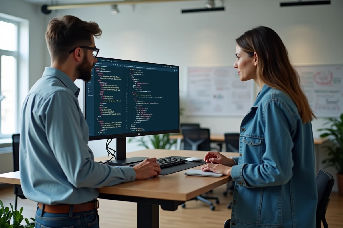 Deux d&eacute;veloppeurs collaborant pour d&eacute;boguer un probl&egrave;me de contexte this dans un formulaire HTML et JavaScript au bureau