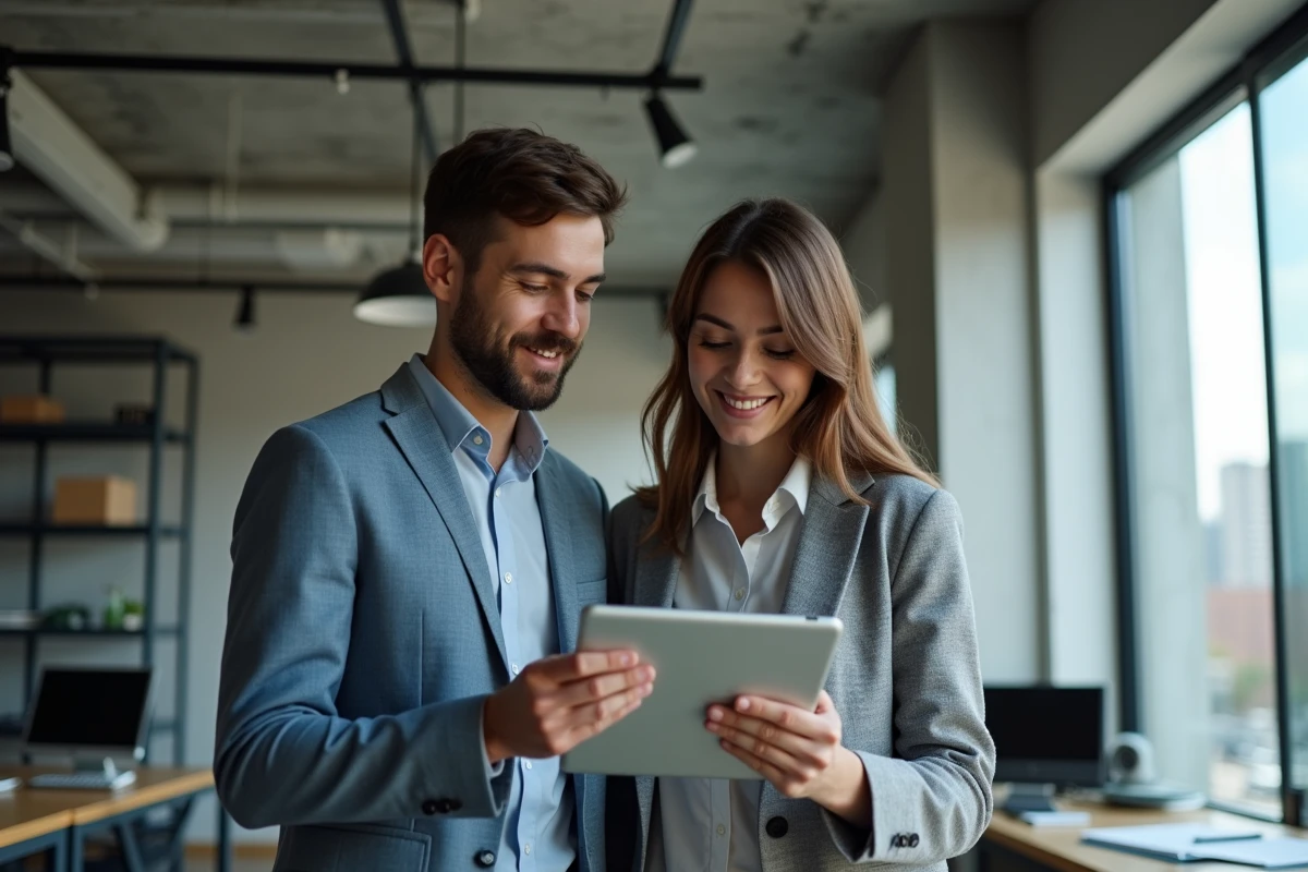 Deux collègues collaborant sur une tablette avec un fichier Excel partagé en ligne montrant des cellules bloquées dans un espace de co-working moderne