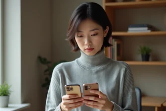 Femme comparant un iPhone 16 et un iPhone 15 Pro dans un bureau minimaliste moderne