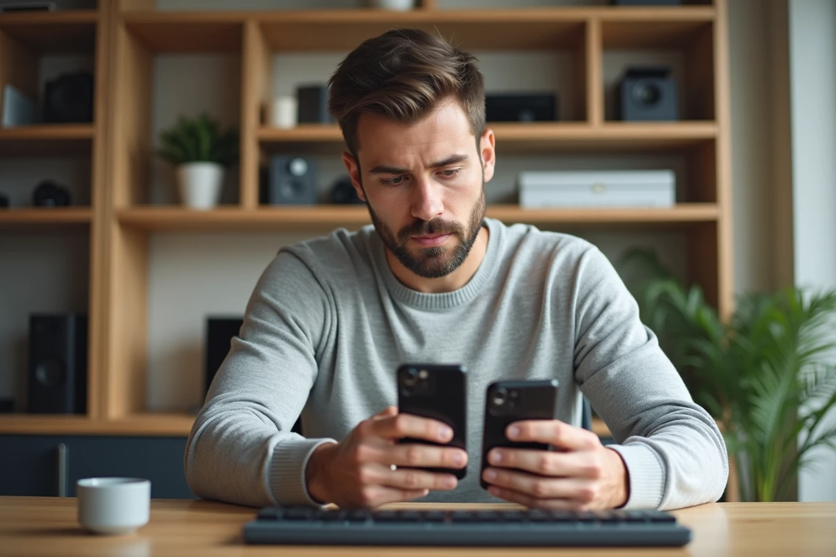 Homme comparant deux smartphones sur un bureau en bois pour choisir le meilleur produit high-tech en 2026