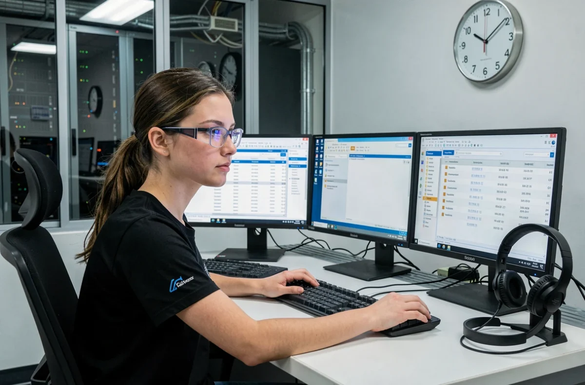 Technicienne support de Computeo gérant des sessions de dépannage à distance depuis un poste helpdesk