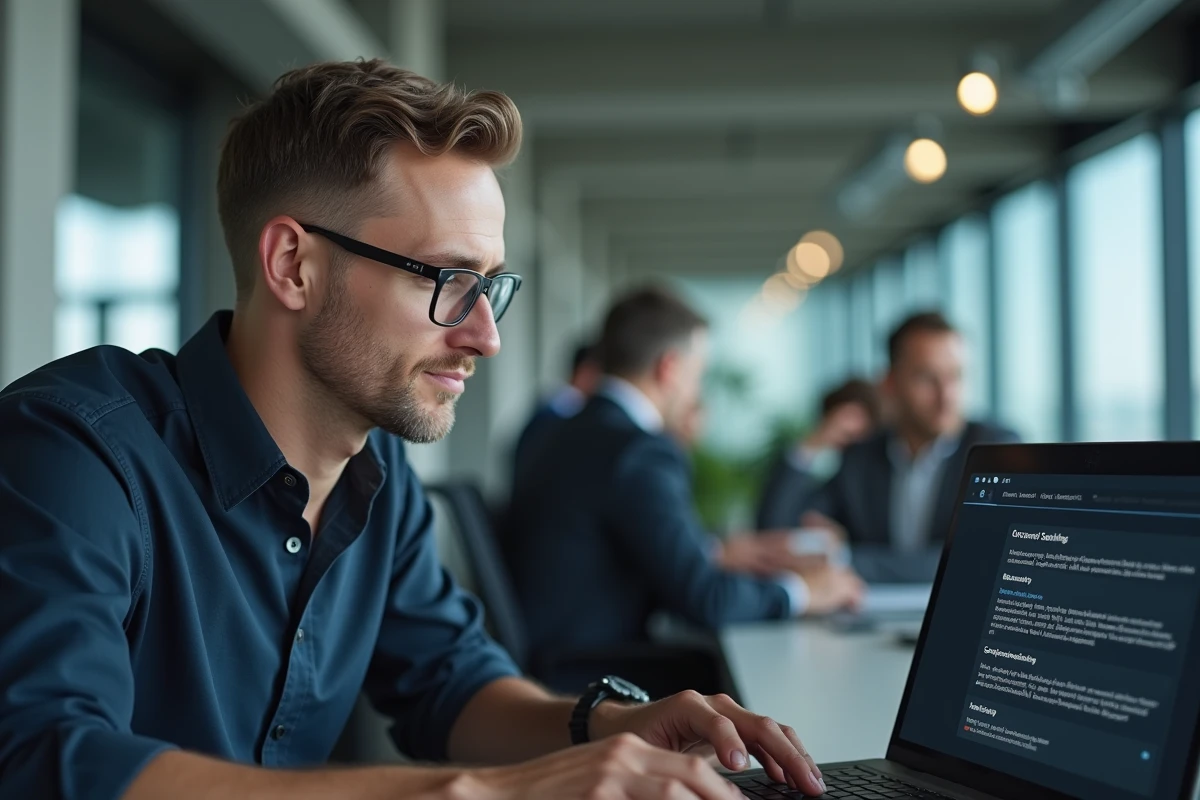 Homme à lunettes configurant les extensions et paramètres de sécurité du navigateur Chrome sur un laptop en open space