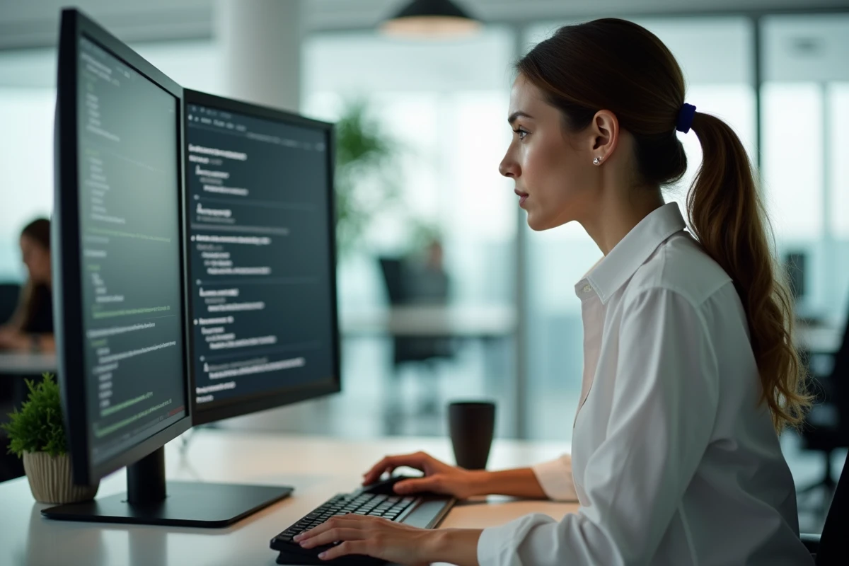 Femme configurant les paramètres de clavier sur un grand écran dans un bureau en open space professionnel