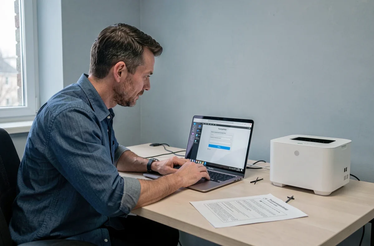 Homme configurant une imprimante WiFi en réseau sur un ordinateur portable dans une petite entreprise sans département informatique