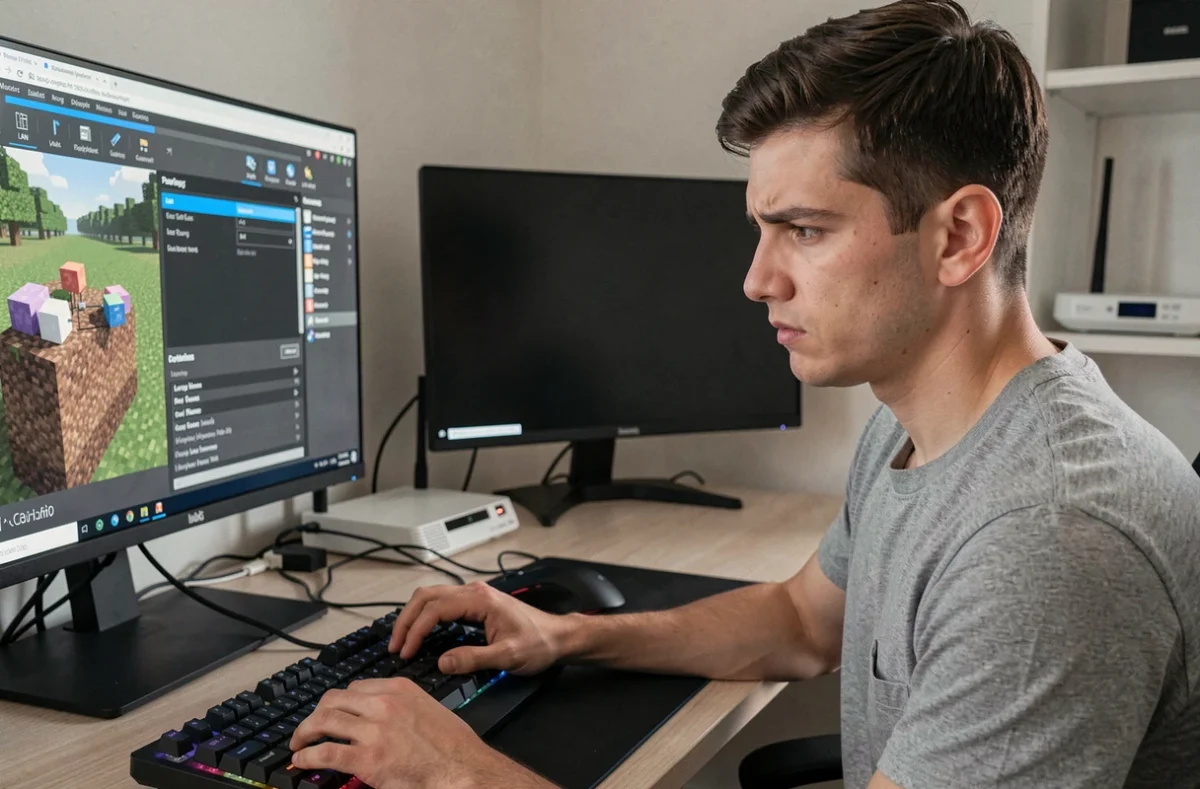 Jeune homme configurant un réseau LAN pour jouer à Minecraft en multijoueur sans connexion internet