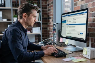 Technicien informatique configurant les paramètres de sécurité d'un routeur via l'interface IP 192.168.1.230 sur un ordinateur de bureau