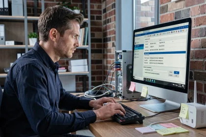 Technicien informatique configurant les paramètres de sécurité d'un routeur via l'interface IP 192.168.1.230 sur un ordinateur de bureau