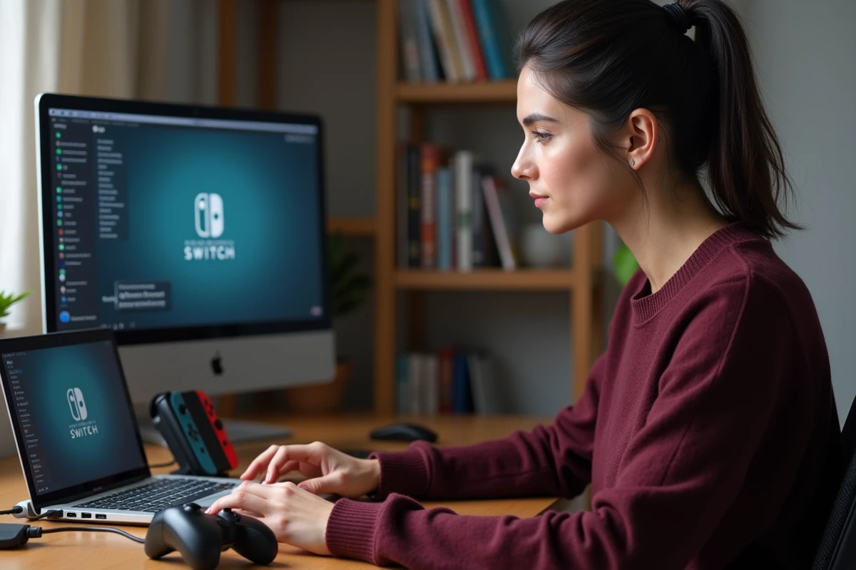 Femme synchronisant une manette Pro Controller Nintendo Switch via câble USB sur un bureau en bois à domicile