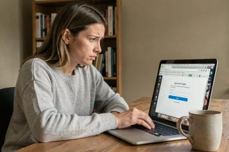 Femme frustrée devant un écran d'ordinateur affichant une erreur de connexion à une messagerie web