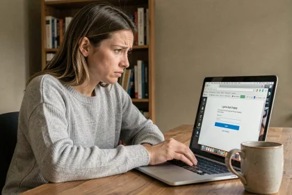 Femme frustrée devant un écran d'ordinateur affichant une erreur de connexion à une messagerie web