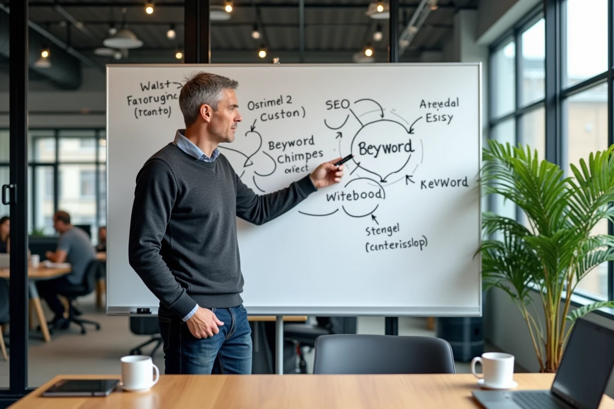 Consultant en référencement présentant une stratégie SEO sur un tableau blanc dans une salle de réunion de startup