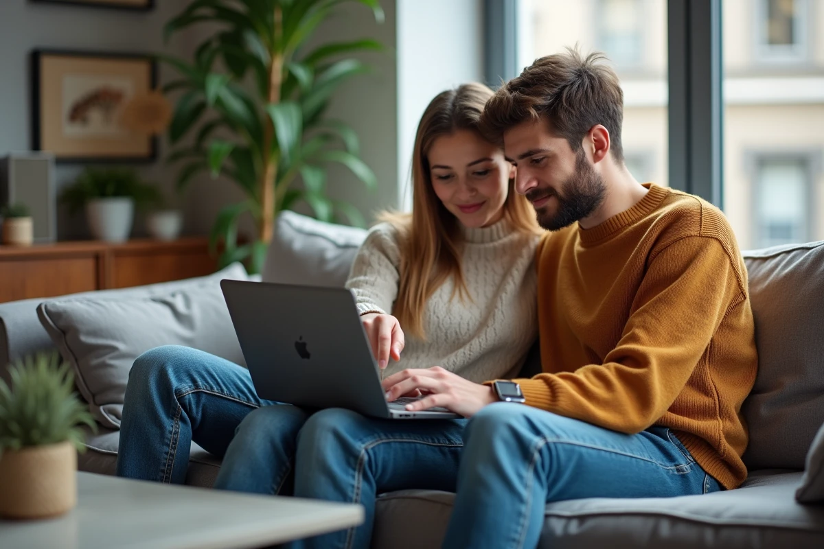 Couple consultant un guide comparatif high-tech sur ordinateur portable dans un salon moderne pour un achat numérique éclairé